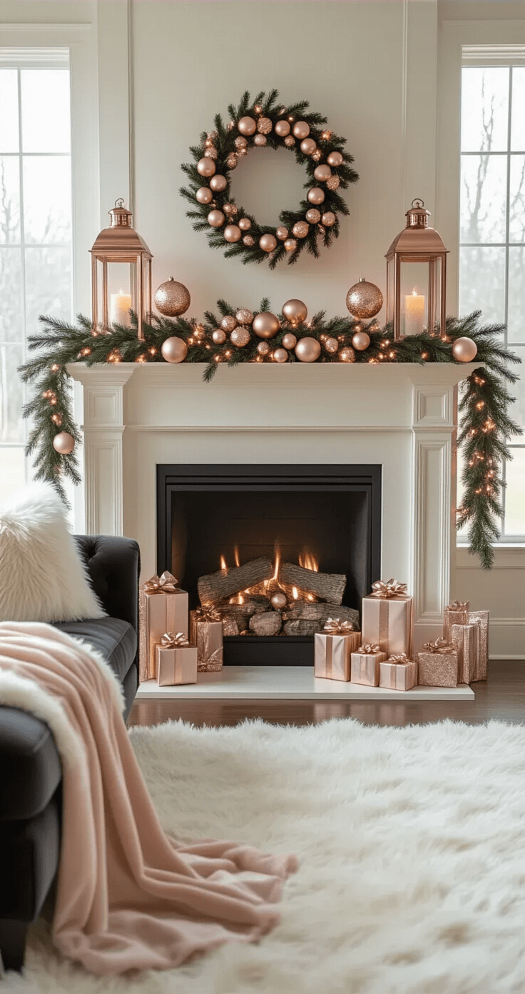 Elegant living room mantel styled for Christmas with rose gold decor, featuring copper lanterns, clusters of matte and shiny ornaments, blush pink velvet ribbon, and a natural pine garland with warm LED lights. Ivory walls and hardwood floors complement the charcoal velvet sofa draped with faux fur. Soft natural light enhances the luxurious ambiance.
