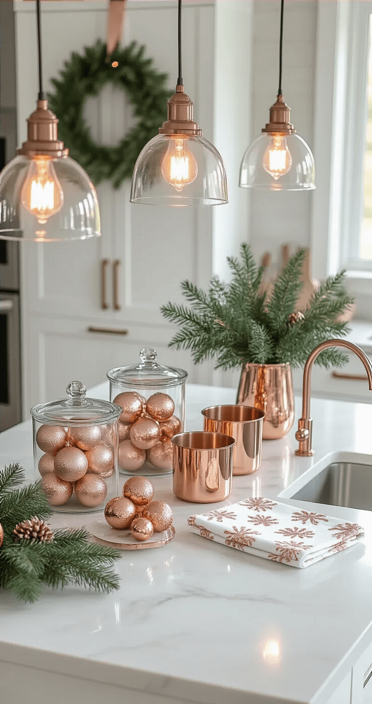 Overhead view of a modern kitchen island decorated for the holidays, featuring white marble countertops adorned with clear glass containers of rose gold ornaments, copper measuring cups, and folded rose gold printed dish towels. A small rose gold wreath hangs on a white shaker cabinet, illuminated by warm pendant lights, while natural greenery in copper vases adds texture to the elegant setting.