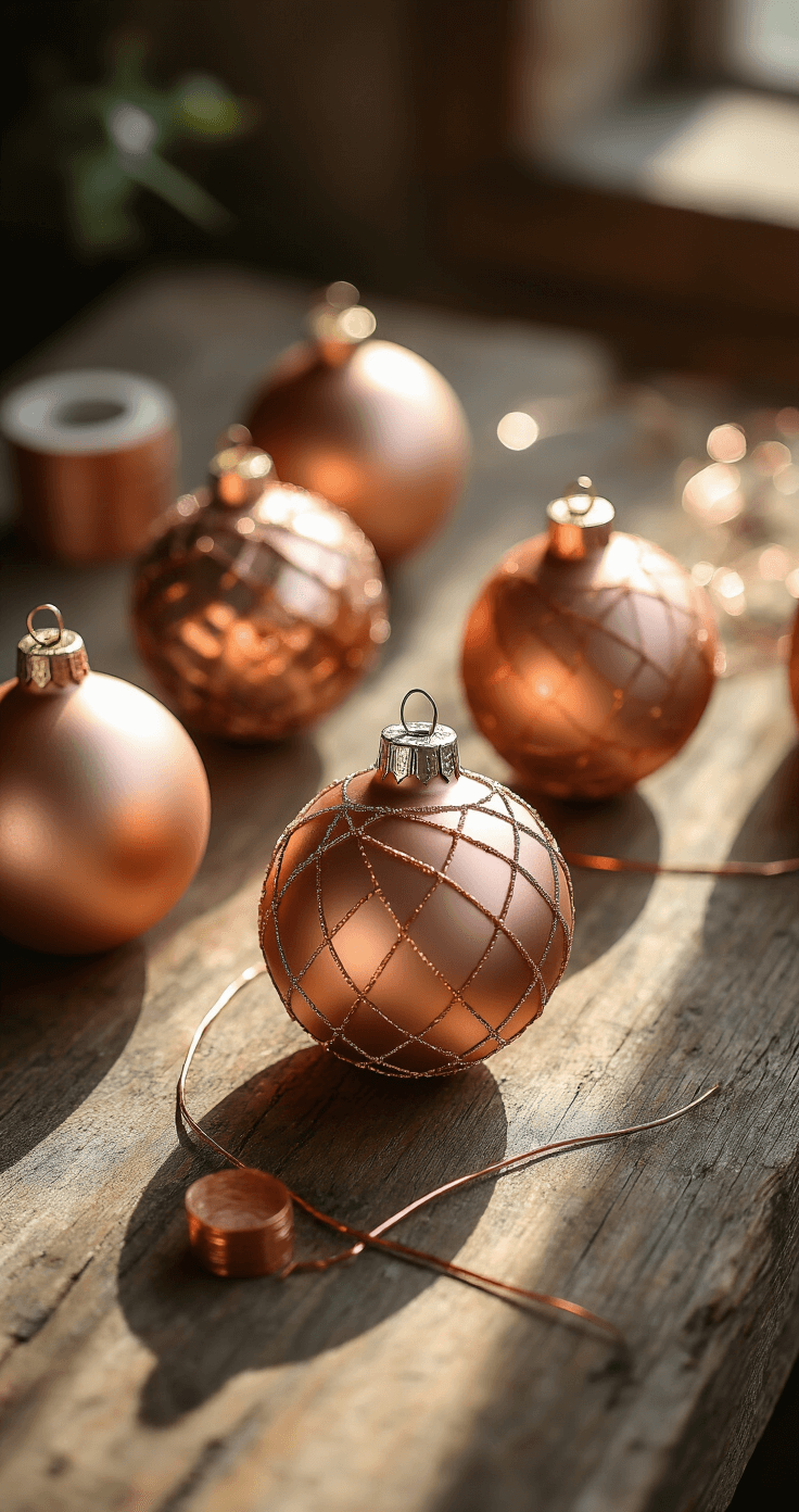 Close-up macro shot of hand-painted glass ornaments in rose gold with geometric copper tape patterns on a rustic wood surface, surrounded by scattered copper wire and painter's tape. Warm side lighting highlights metallic surfaces and creates dramatic shadows, showcasing the crafting process and rich textures in a professional craft room setting.