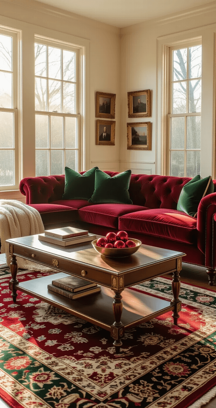 Cozy living room at golden hour with warm sunlight, featuring a deep crimson velvet sofa, forest green throw pillows, antique gold picture frames on cream walls, and a rich mahogany coffee table with red glass ornaments. A Persian rug in burgundy and emerald tones anchors the space, complemented by soft cashmere throws, creating an inviting holiday atmosphere.