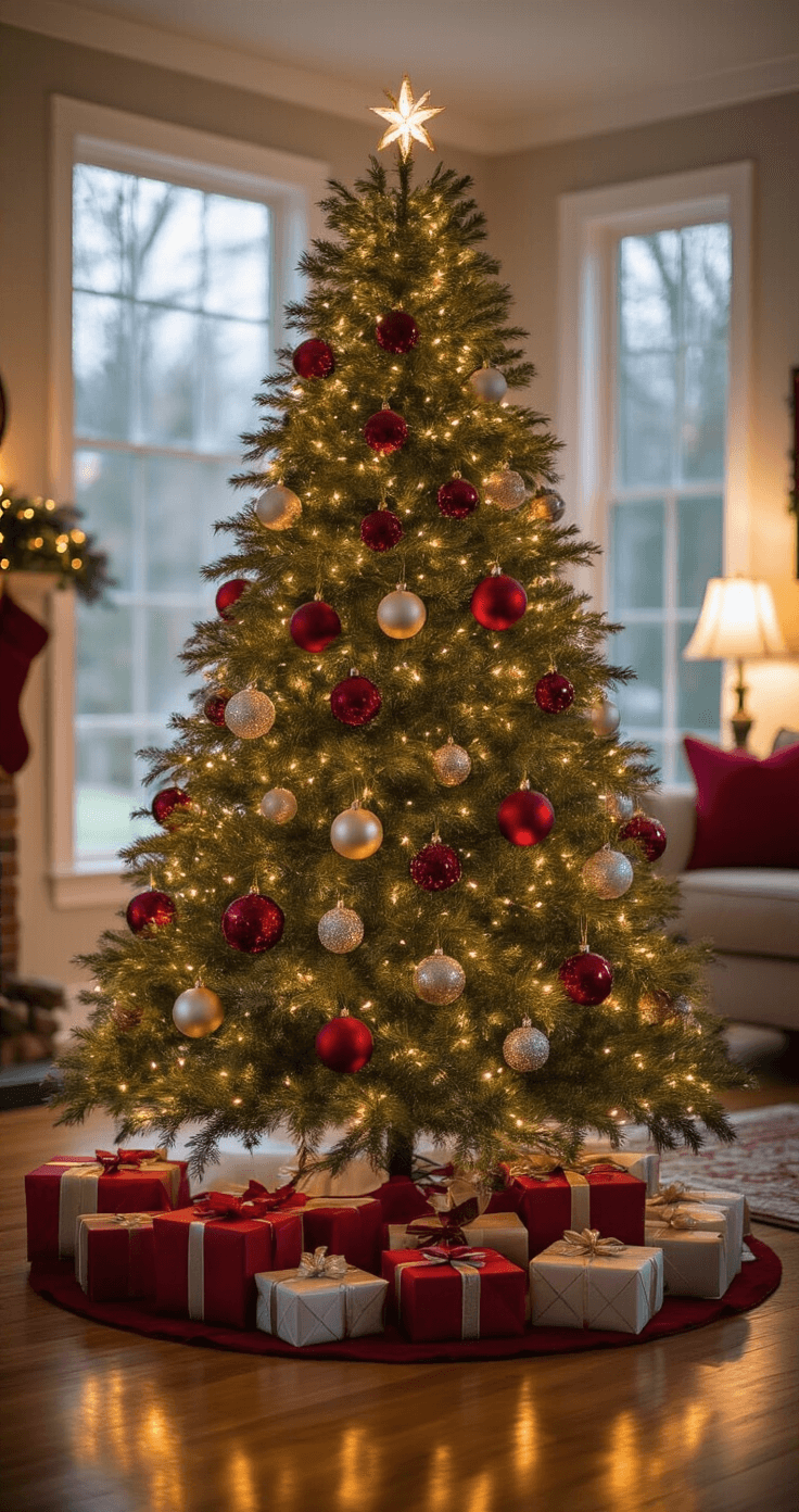 A beautifully decorated 8-foot Fraser fir Christmas tree with warm white lights and rich red and gold ornaments, set in a spacious family room with hardwood floors reflecting the light, surrounded by cozy furniture and wrapped gifts beneath, all captured in a low-angle shot to emphasize the tree's grandeur.