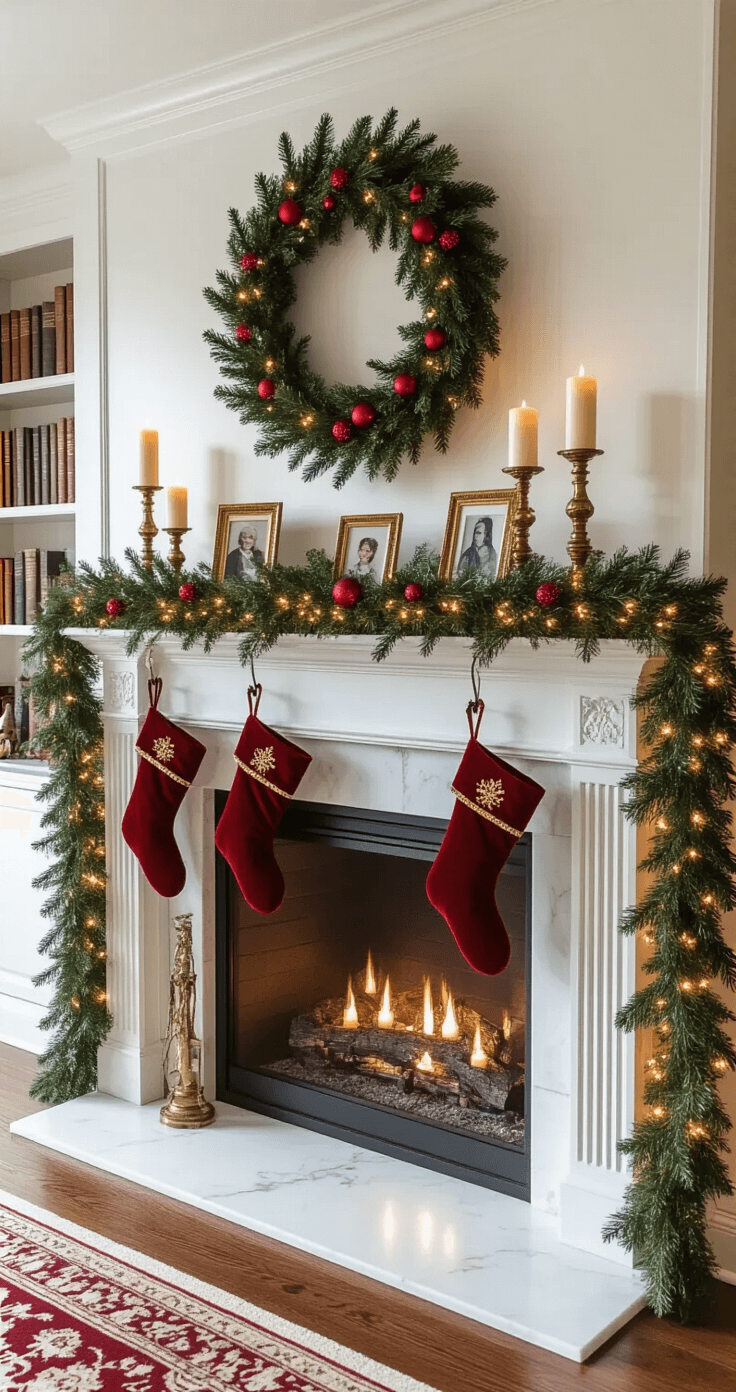 Elegant Christmas-decorated fireplace mantel featuring a white marble surface draped with evergreen garland and warm LED lights, flanked by brass candlesticks, antique family photos, red glass ornaments, and crimson velvet stockings, all set in a cozy afternoon glow.