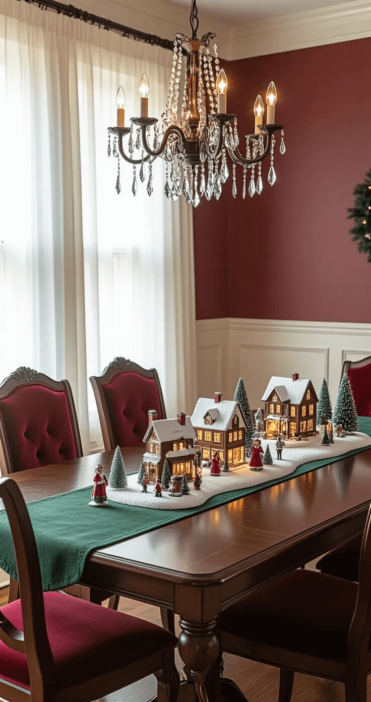 Festive dining room with a traditional Christmas village display on a dark walnut table, illuminated by morning light through sheer curtains, featuring snow-dusted ceramic houses and period figurines, surrounded by high-back chairs with burgundy cushions and a crystal chandelier above.