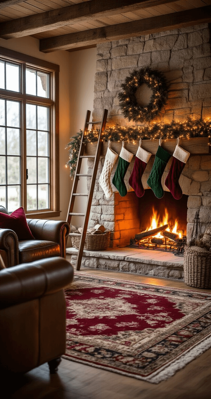 Cozy living room featuring a rustic stone fireplace, vintage stockings on a wooden ladder, leather armchairs on a Persian rug, and warm golden hour light streaming through windows, creating an intimate holiday ambiance.