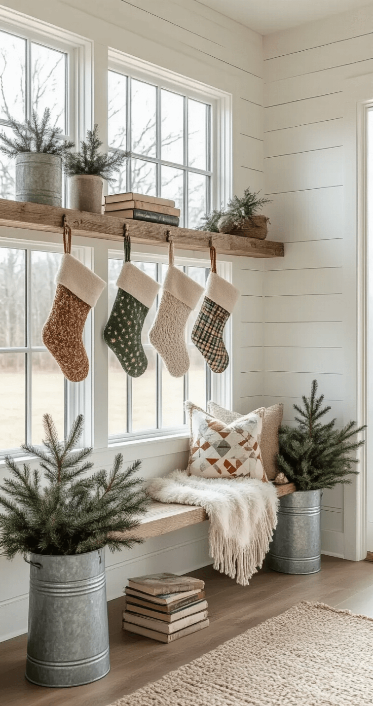 Modern farmhouse interior with white shiplap walls, reclaimed wood shelves showcasing eclectic holiday stockings in macramé, faux fur, and patchwork designs, illuminated by natural light from large windows; includes galvanized metal buckets with evergreens and vintage books, all in a cream, sage, and copper color palette.