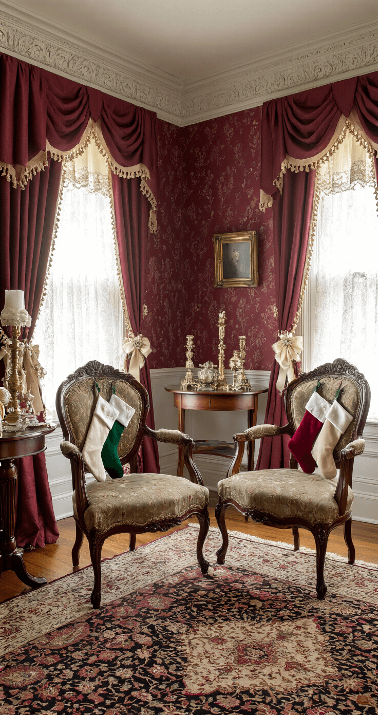 Traditional Victorian parlor adorned with burgundy wallpaper, ornate crown molding, and antique wooden chairs draped in personalized stockings, illuminated by soft morning light through lace curtains, featuring embroidered monograms and silk ribbons, with mahogany side tables and brass candlesticks, set upon a textured oriental carpet in a luxurious atmosphere of deep jewel tones.