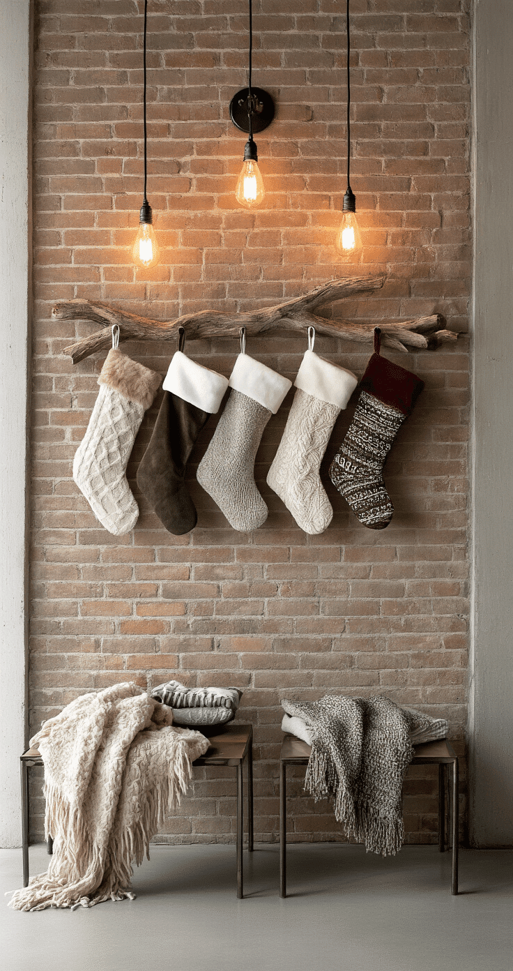 A contemporary apartment living space featuring an exposed brick wall with a creative stocking display mounted on a natural branch, illuminated by Edison bulb fixtures. The varied stockings, made from faux suede fringe, cable knit, and metallic accents, are arranged in an odd-numbered layout. Industrial metal furniture and concrete floors are softened by textured throw blankets, capturing an urban chic holiday atmosphere.
