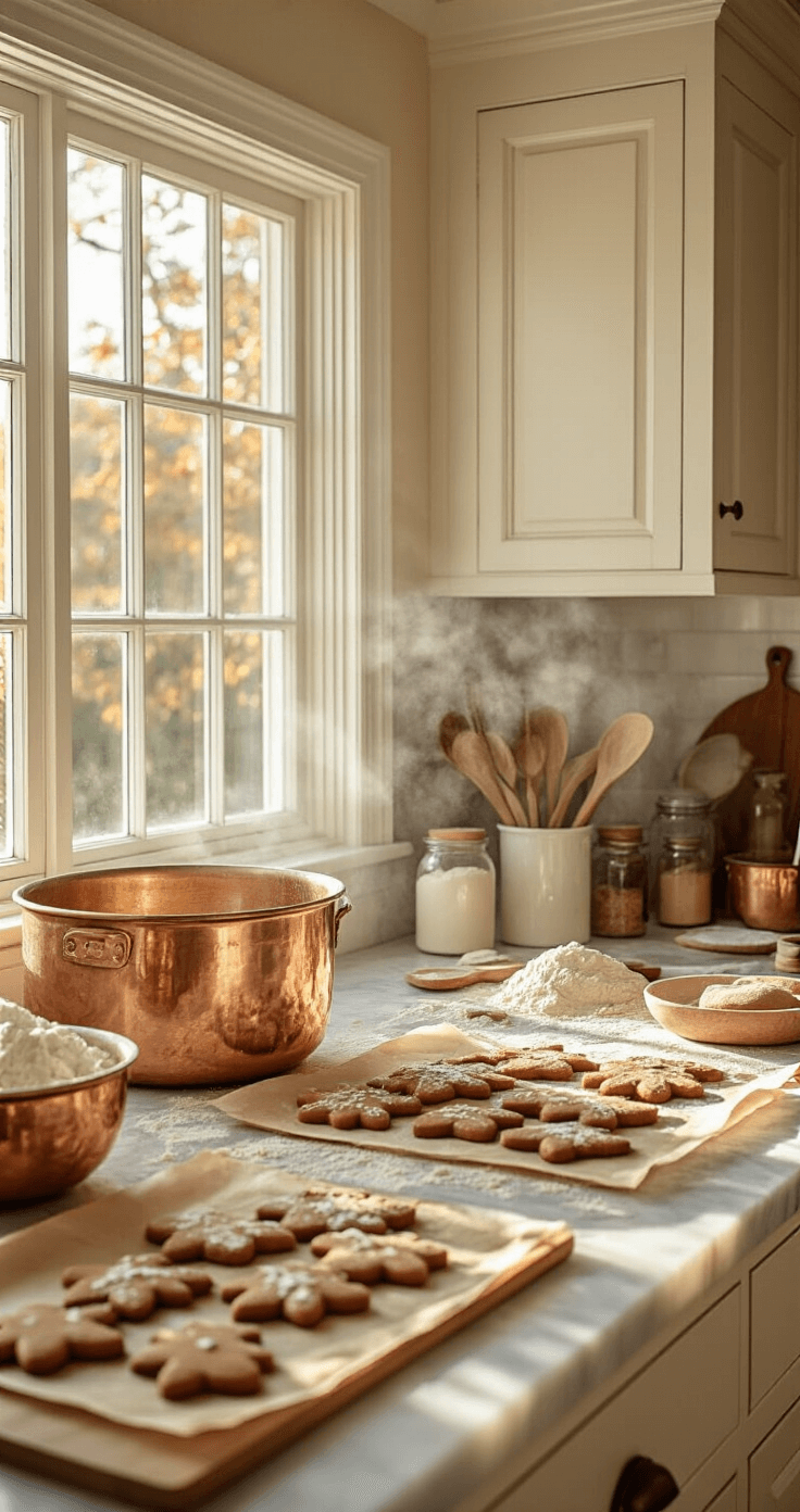 A spacious kitchen bathed in warm afternoon light, featuring marble countertops with baking tools and gingerbread dough, vintage copper mixing bowls, honey-colored maple cabinets, and steaming gingerbread in the oven, creating a cozy, rustic atmosphere.