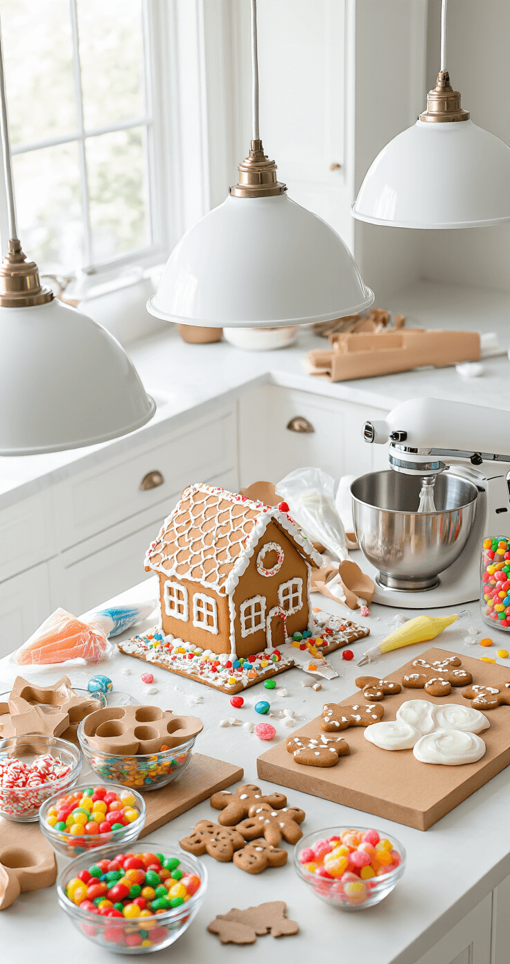 Overhead view of a modern white kitchen island filled with gingerbread house construction materials, including piping bags of royal icing, colorful candies in glass bowls, and a stand mixer, all illuminated by pendant lights in a clean, organized setting.
