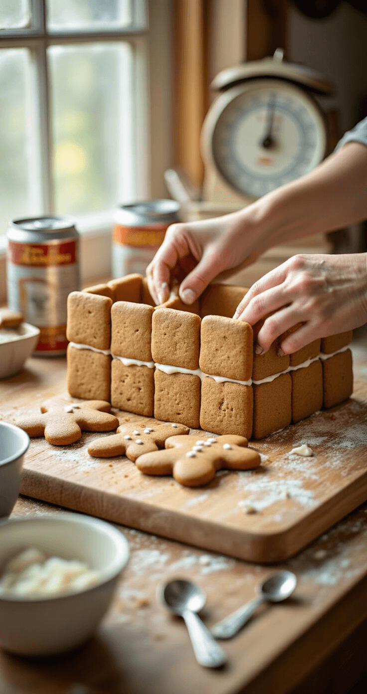 Close-up of hands assembling gingerbread walls with royal icing on a wooden cutting board, supported by soup cans, in a warm-lit vintage kitchen setting with measuring spoons and a kitchen scale nearby.