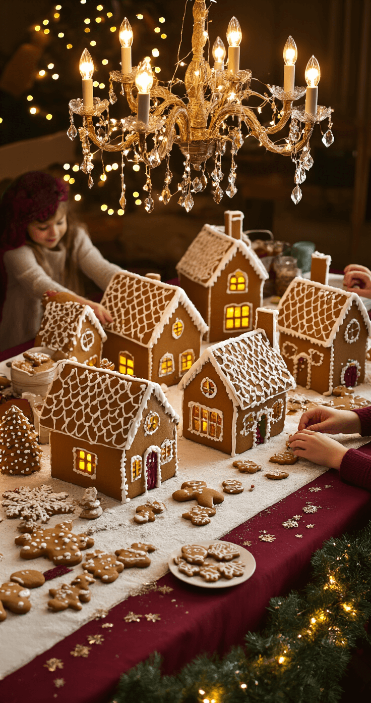 A festive dining room table turned gingerbread village workshop, with partially completed houses, LED lights, and decoration supplies, under warm chandelier and fairy lights, featuring family members' hands adding final touches, set against a rich burgundy tablecloth.