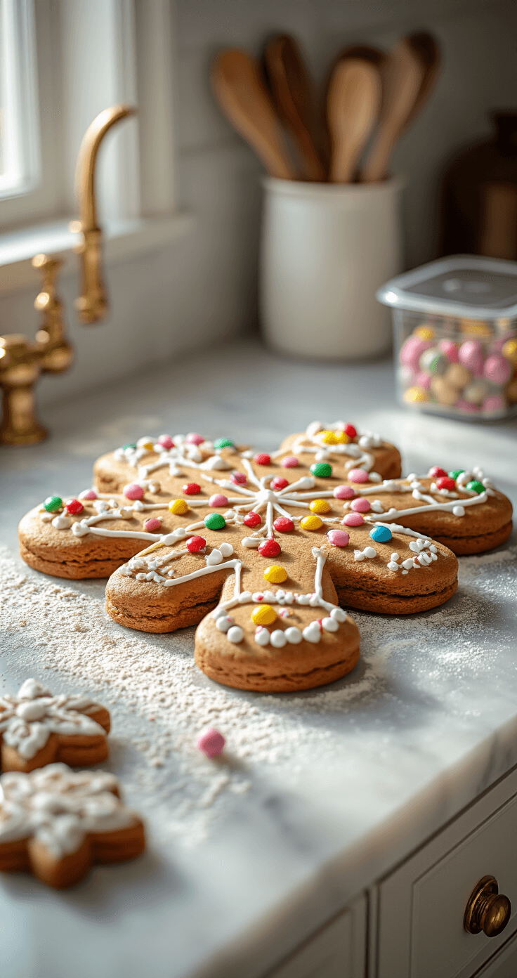 Elegant kitchen counter showcasing a beautifully decorated gingerbread house with intricate piping and colorful candies, softly illuminated by morning light against a marble backsplash and brass fixtures, with a nearby clear storage container and scattered powdered sugar enhancing the baking atmosphere.