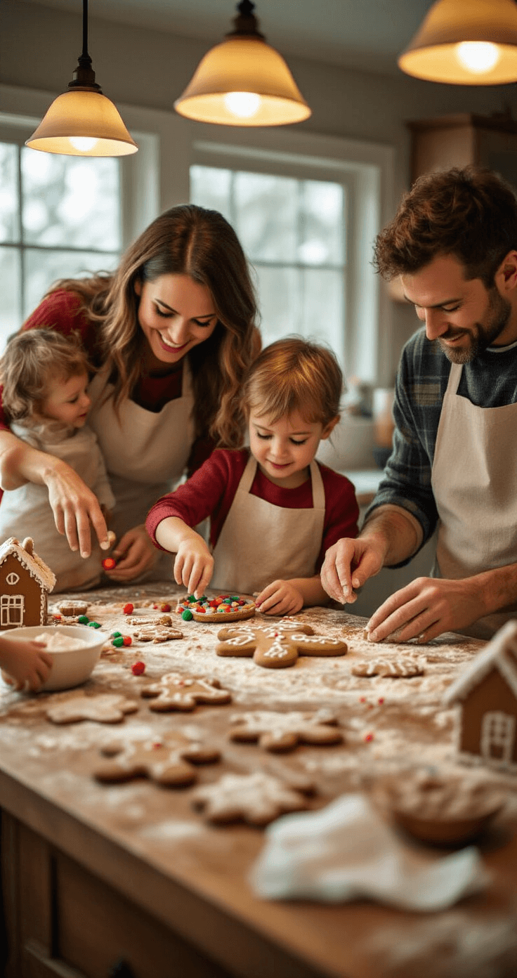 A heartwarming family scene around a kitchen island filled with gingerbread decorating supplies, featuring eager children's hands reaching for candies as a parent guides the construction. Flour handprints on aprons add to the collaborative atmosphere, with warm pendant lighting enhancing the intimate setting. Half-finished gingerbread houses showcase different skills and creativity, while wet wipes and paper towels hint at organized chaos, capturing genuine joy and holiday traditions.