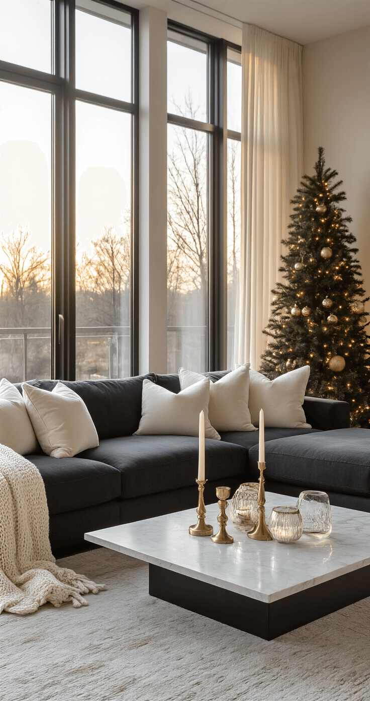 Modern minimalist living room bathed in golden hour light, featuring a charcoal sectional sofa with cream velvet pillows, a marble coffee table adorned with brass candlesticks, and a decorative tree with metallic ornaments. Chunky ivory knit blankets and clear glass vessels with eucalyptus are on floating shelves, while warm white string lights accentuate a dark green garland on the mantel, creating a sophisticated holiday atmosphere.