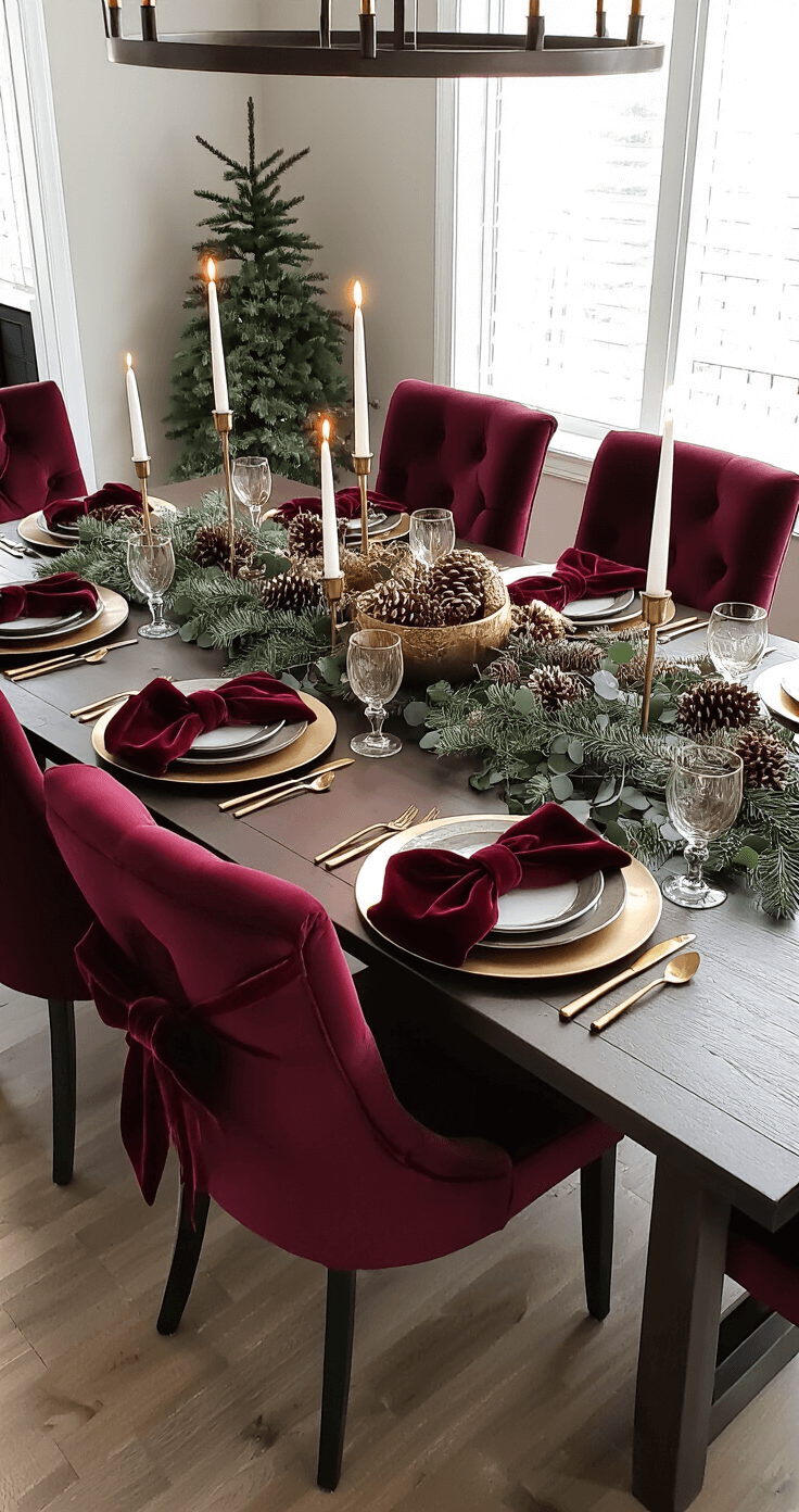 Elegant dining room set for six, featuring a dark walnut table adorned with a modern Christmas tablescape. Burgundy velvet bows on contemporary chairs, a glass bowl centerpiece with matte gold spray-painted pinecones and fresh eucalyptus, and brass candlesticks create a warm ambiance. Brushed silver charger plates reflect candlelight in a moody setting.