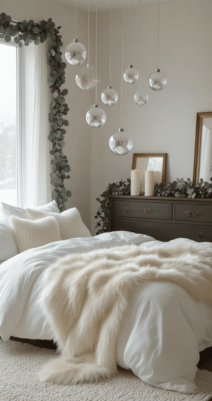 A sophisticated winter wonderland bedroom featuring a platform bed with white linen sheets and a cream faux fur throw, illuminated by soft early morning light. Clear glass ornaments hang from the ceiling, while white pillar candles sit on a dark wood dresser adorned with vintage brass frames. Honeycomb paper ornaments in muted champagne tones cluster by the window, and an eucalyptus garland drapes over the headboard. The monochromatic palette includes whites, creams, and subtle metallic accents, creating an ethereal, dreamy atmosphere with clean lines and organic textures.