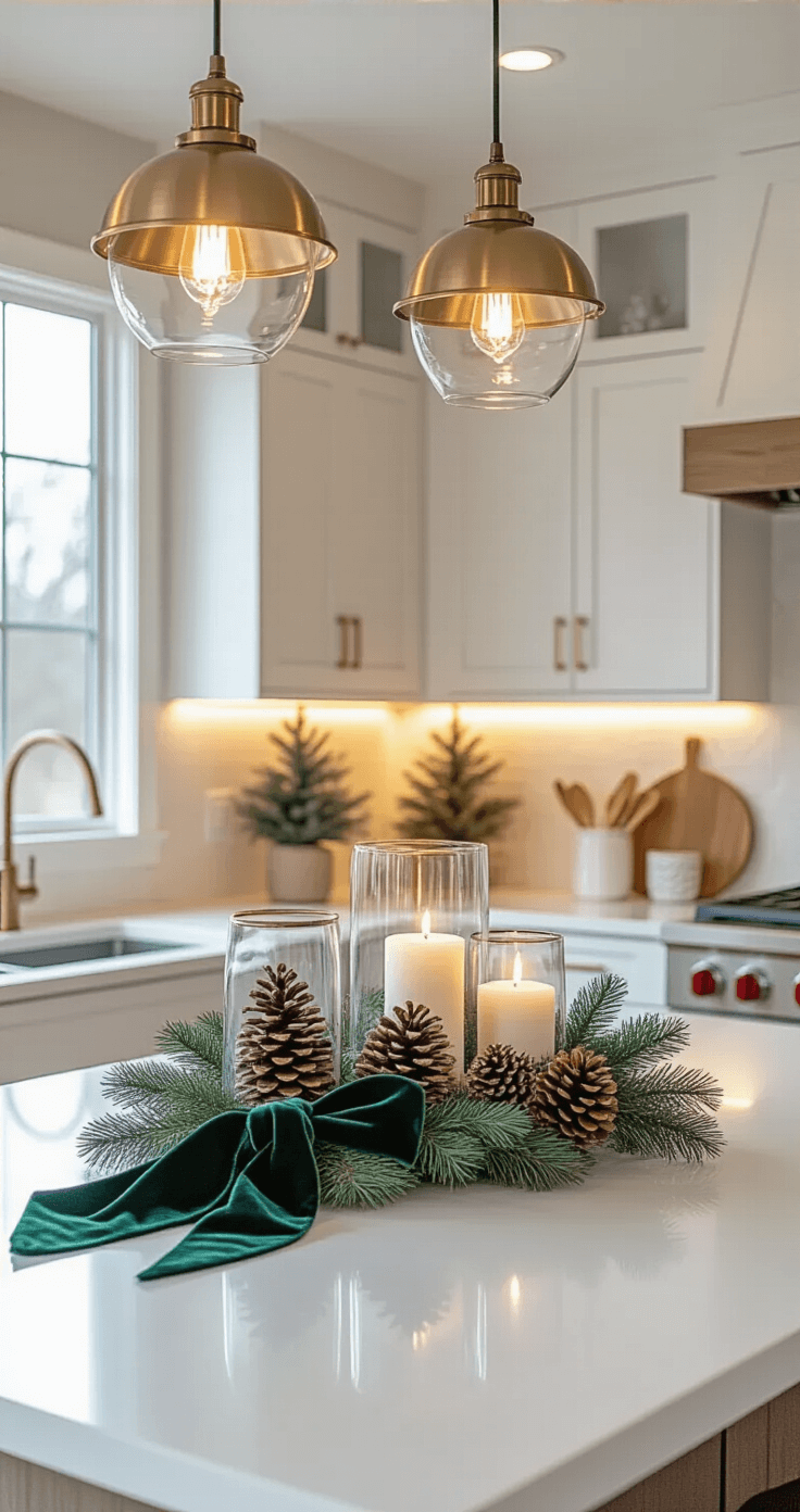 A modern kitchen island decorated for Christmas features a white quartz waterfall countertop, brass pendant lights, and clear glass vessels with pinecones and greenery. Deep forest green velvet ribbons adorn pillar candles, and vintage sheet music is framed as wall art. Warm LED strips under the cabinets provide a soft glow, complemented by contrasting rough burlap textures. The scene is captured at counter height, showcasing a clean and functional holiday aesthetic.