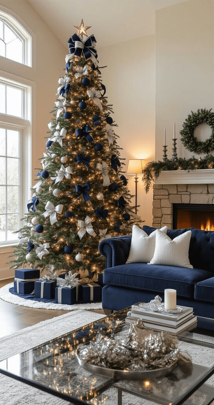 Elegant living room with a 7-foot Christmas tree adorned with deep navy bows and silver accents, featuring a plush charcoal sectional sofa and a glass coffee table, warmly lit by evening lamps near a stone fireplace.