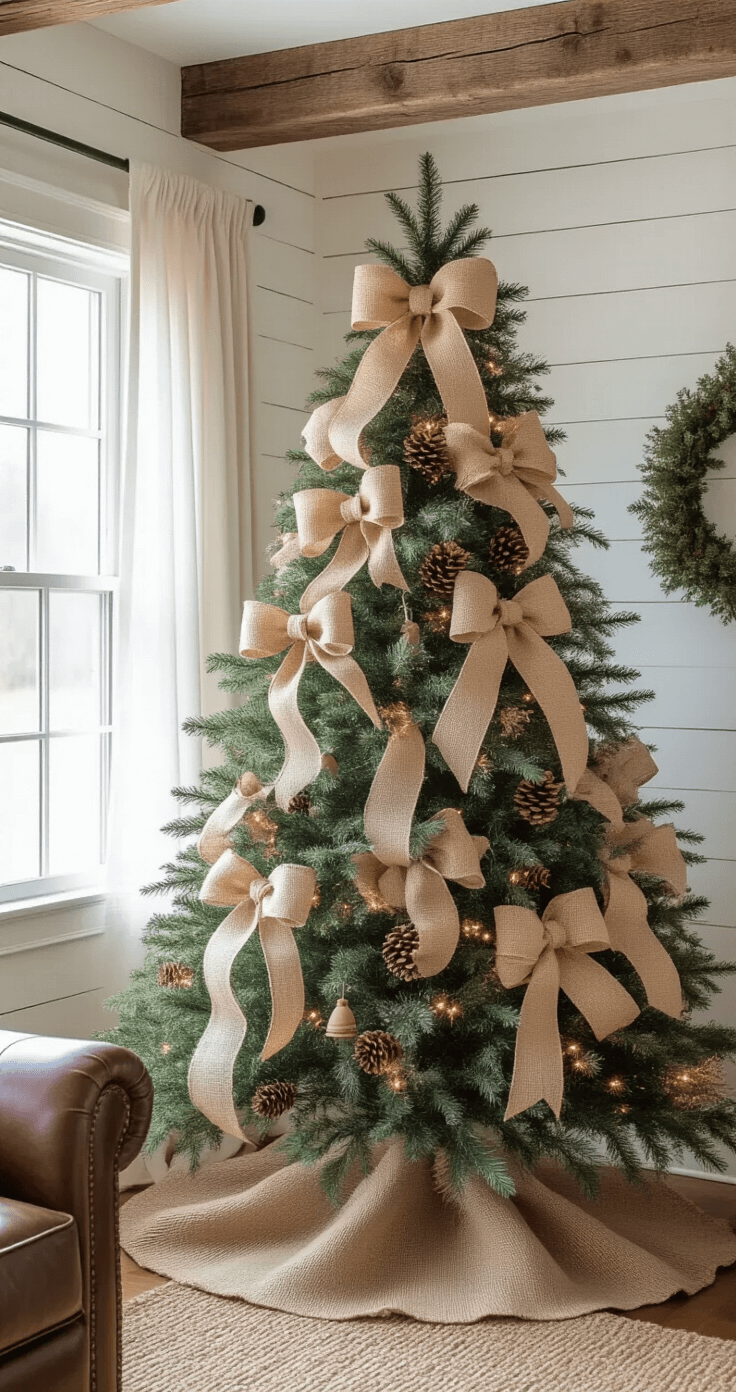A spacious rustic farmhouse great room featuring an 8-foot pine Christmas tree decorated with natural burlap ribbon bows and cream-colored wired ribbons, illuminated by morning sunlight filtering through sheer curtains. Reclaimed wood beams and white shiplap walls create a warm backdrop, with a vintage leather armchair nearby and pinecone and wooden ornament accents enhancing the festive decor.