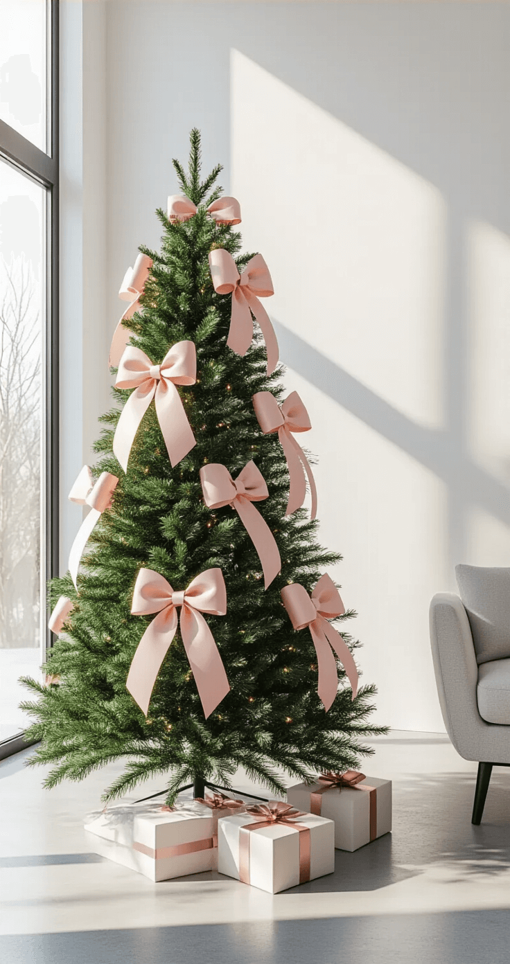 A modern minimalist living space featuring a 6-foot Christmas tree adorned with five large blush pink and rose gold bows, set against clean white walls and polished concrete floors, illuminated by afternoon light from floor-to-ceiling windows. The tree is asymmetrically positioned near a geometric accent wall, with macro details highlighting the ribbon construction and attachment methods of the bows.