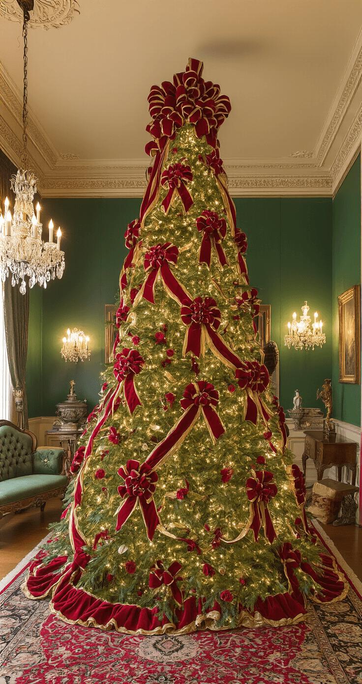 A lavish Victorian parlor adorned for Christmas, featuring a towering 9-foot tree with red velvet and gold satin bows, rich emerald walls, ornate crown molding, a Persian rug, and antique furnishings under warm, golden lighting.