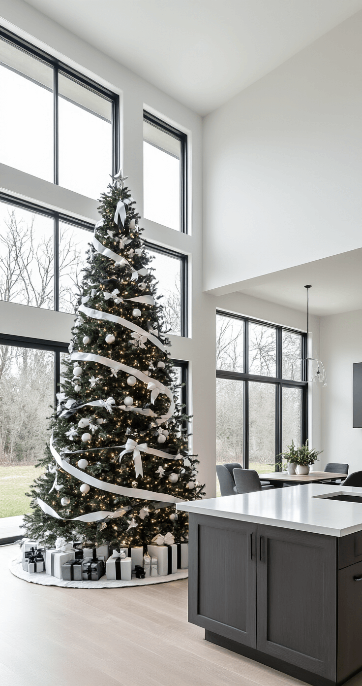 A contemporary open-concept living area featuring a central 7-foot Christmas tree decorated with charcoal and white cluster bows, illuminated by natural light from floor-to-ceiling windows, with a sleek kitchen island and minimalist dining table visible in the background.