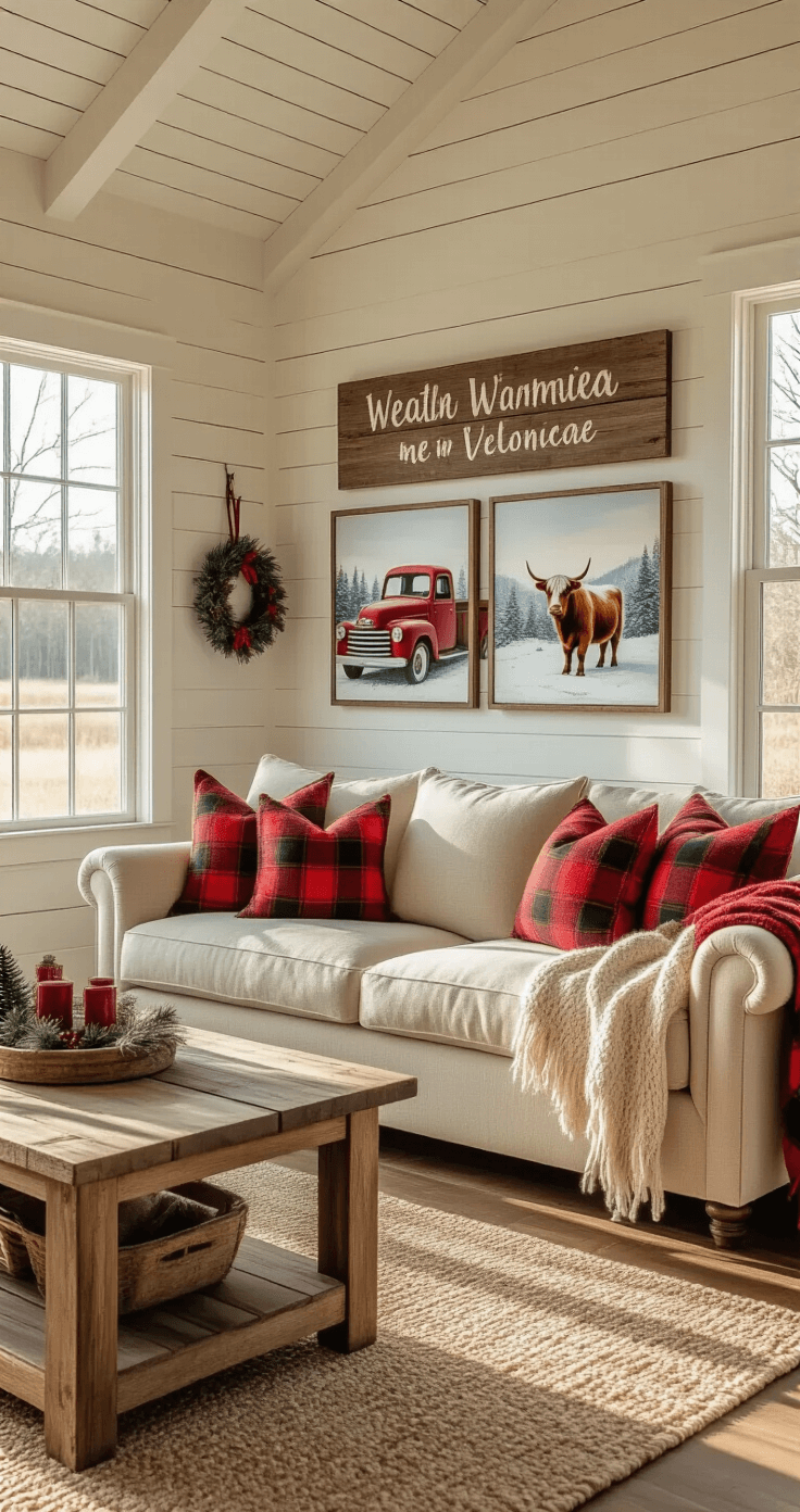 Spacious farmhouse living room during golden hour, illuminated by warm light through white-framed windows, featuring rustic Christmas decor, a beige linen sofa, reclaimed barn wood coffee table, and cozy textiles in deep reds and warm creams.