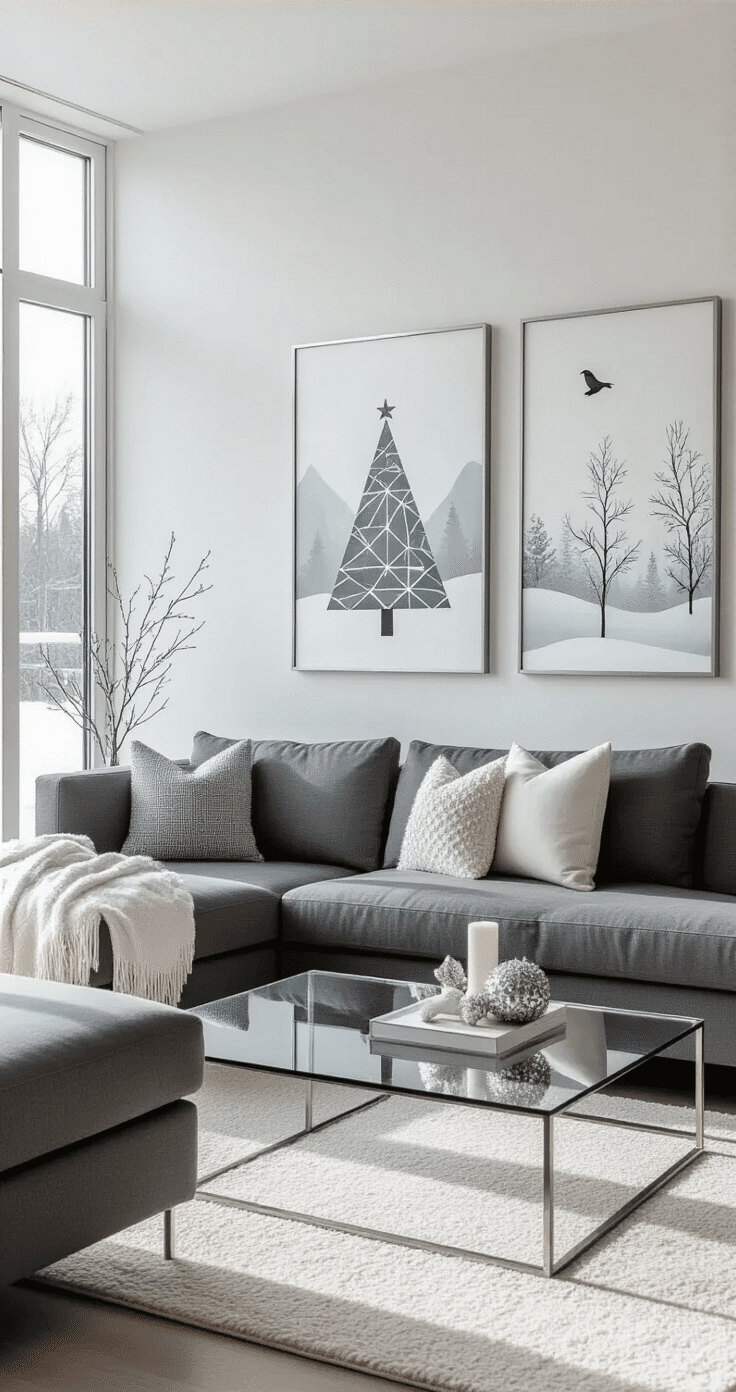 Sleek modern living room with floor-to-ceiling windows, featuring clean white walls adorned with minimalist Christmas art, a charcoal gray sectional sofa, and a glass coffee table, all bathed in crisp natural daylight.