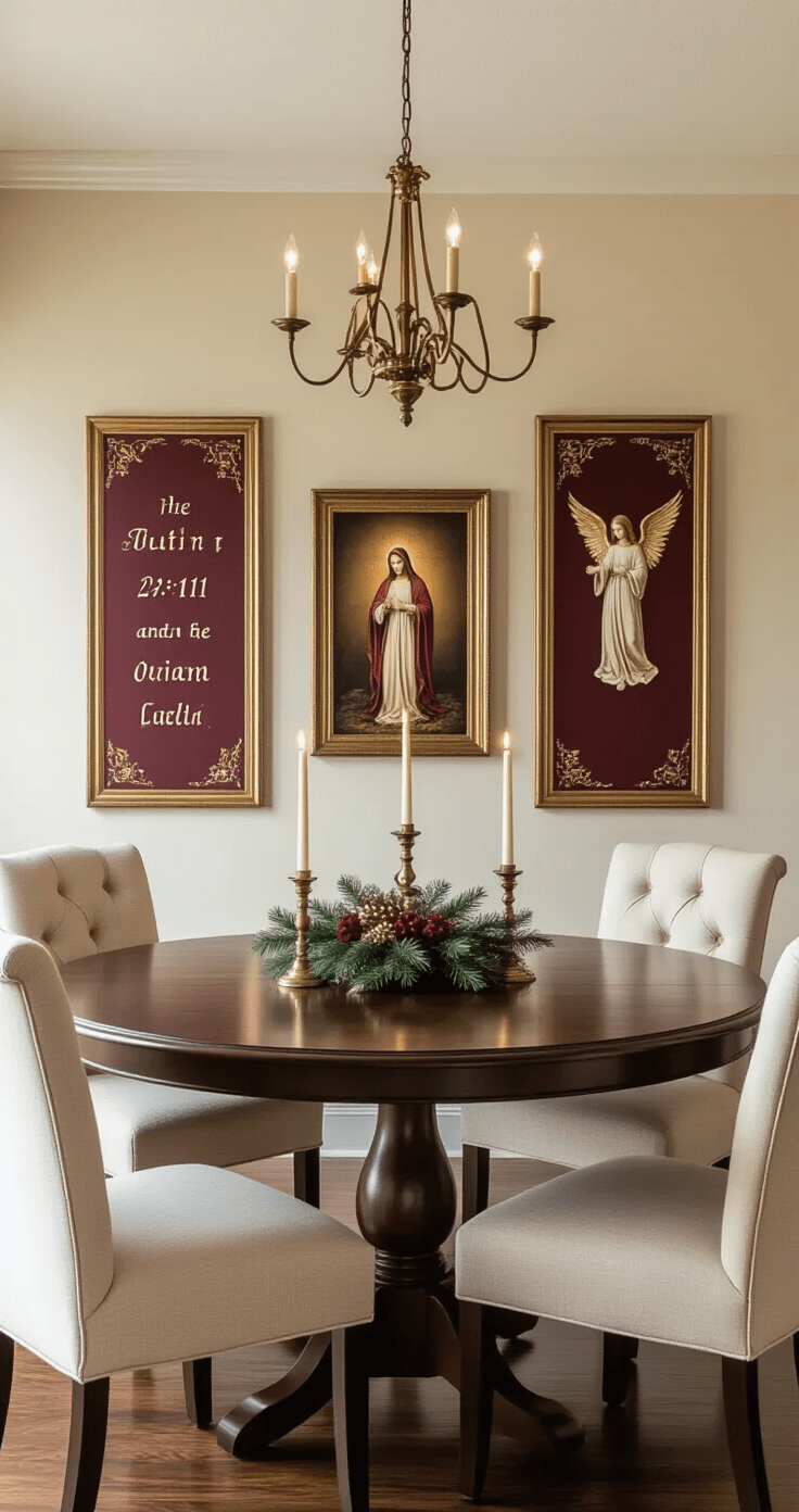 Warm dining room with a burgundy accent wall featuring a nativity scene and scripture signs, softly lit by candlelight from brass candelabras, creating a peaceful atmosphere for holiday gatherings.