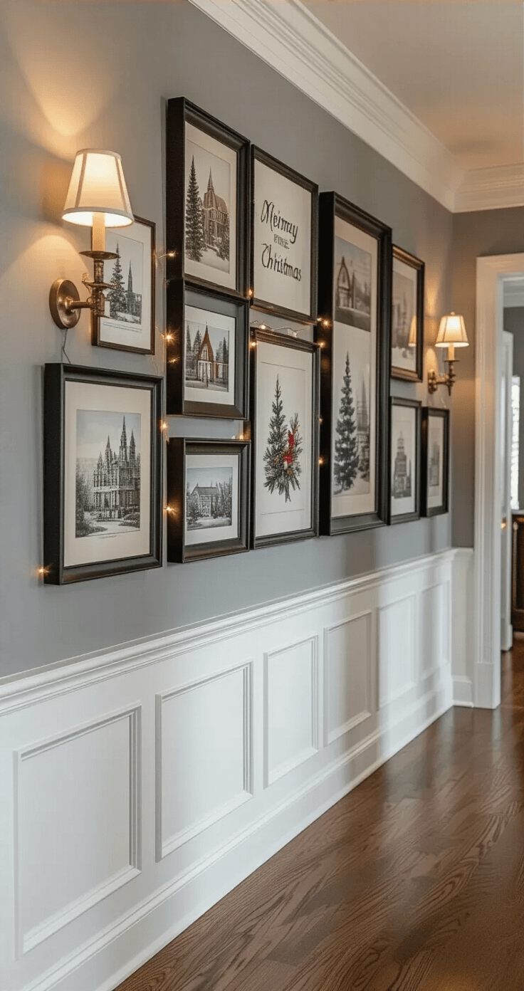 Elegant hallway with soft gray walls and curated Christmas artwork in black frames, illuminated by wall sconces and ambient battery-operated string lights, showcasing a sophisticated collection against rich hardwood floors and white wainscoting.