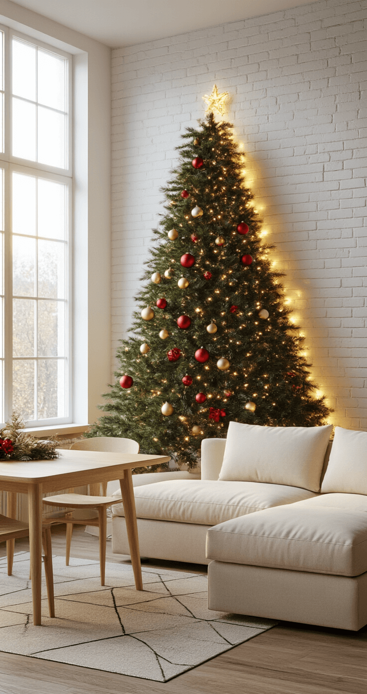 A cozy studio apartment featuring a modern wall-mounted Christmas tree made of layered pine garland on a white brick wall, illuminated by soft golden hour light. The minimalist space includes a light oak dining table, a cream sectional sofa, hardwood floors with a muted geometric area rug, and warm LED string lights, creating an intimate festive atmosphere.