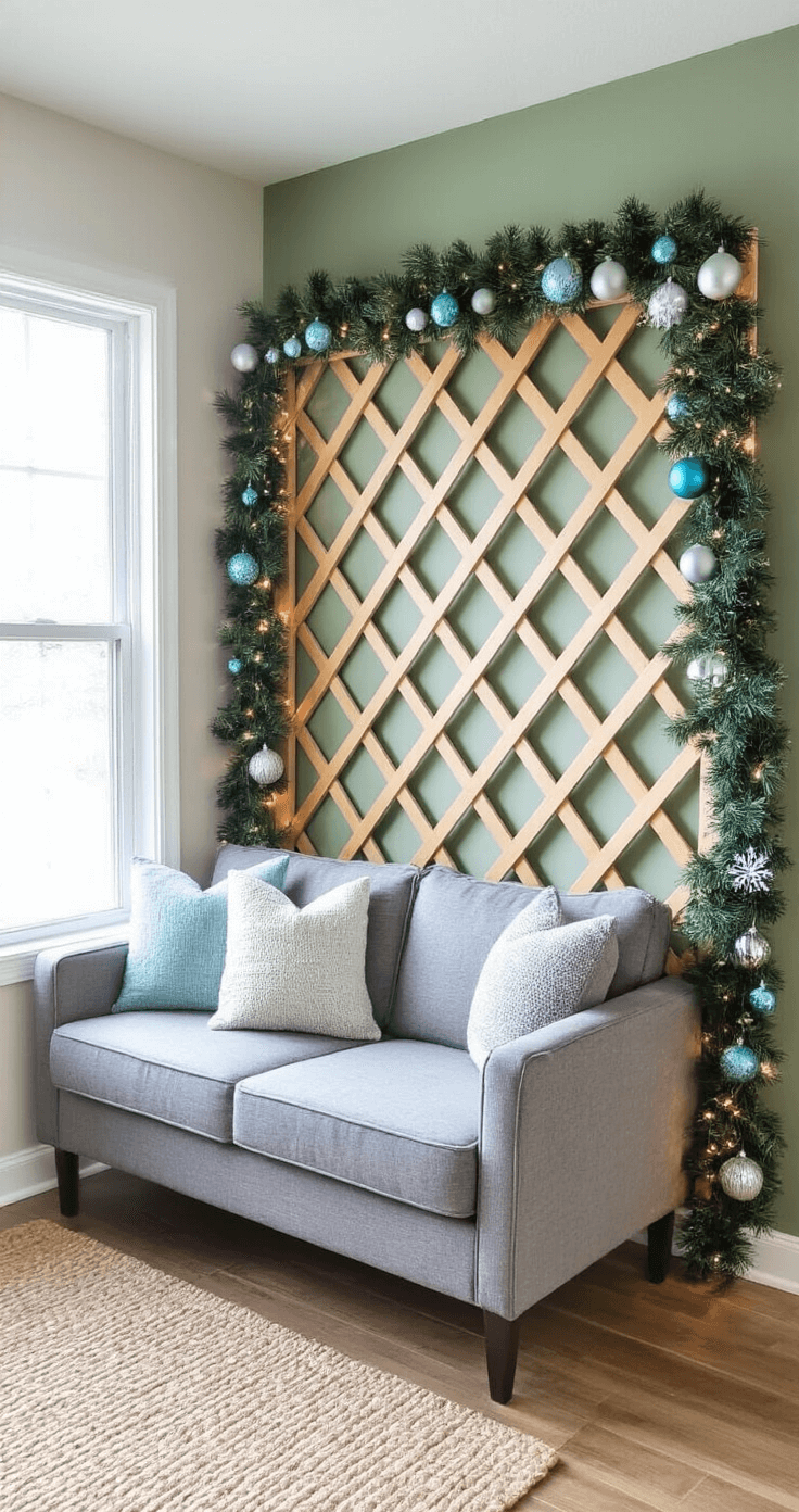 A small living room featuring a DIY lattice framework wall tree adorned with artificial pine garland and cool white LED lights, positioned beside a compact grey loveseat and illuminated by afternoon natural light from a side window. The wall tree is decorated with silver and blue ornaments against a sage green accent wall, complemented by light hardwood flooring and a neutral jute rug.