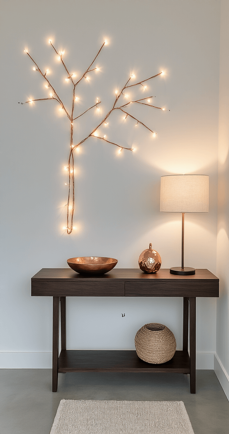 Minimalist apartment entryway with a string light wall tree, evening ambient lighting from a warm table lamp, and a narrow dark walnut console table topped with a decorative bowl. The crisp white wall displays a geometric string light pattern created with removable hooks, complemented by copper and natural wood ornament accents. The polished concrete floors are enhanced by a small runner rug, all captured from a slight angle to show depth in a modern Scandinavian holiday aesthetic.