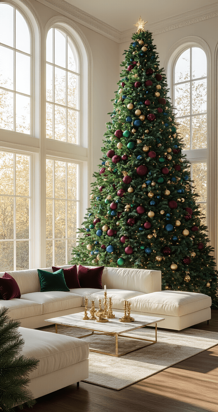 Luxurious living room featuring a 9-foot Christmas tree decorated with emerald green, sapphire blue, and burgundy velvet ornaments, with antique gold accents. Natural light streams through tall windows, highlighting brass ornaments and a modern cream velvet sectional sofa facing the tree, complemented by a marble coffee table with vintage brass candlesticks on hardwood floors.