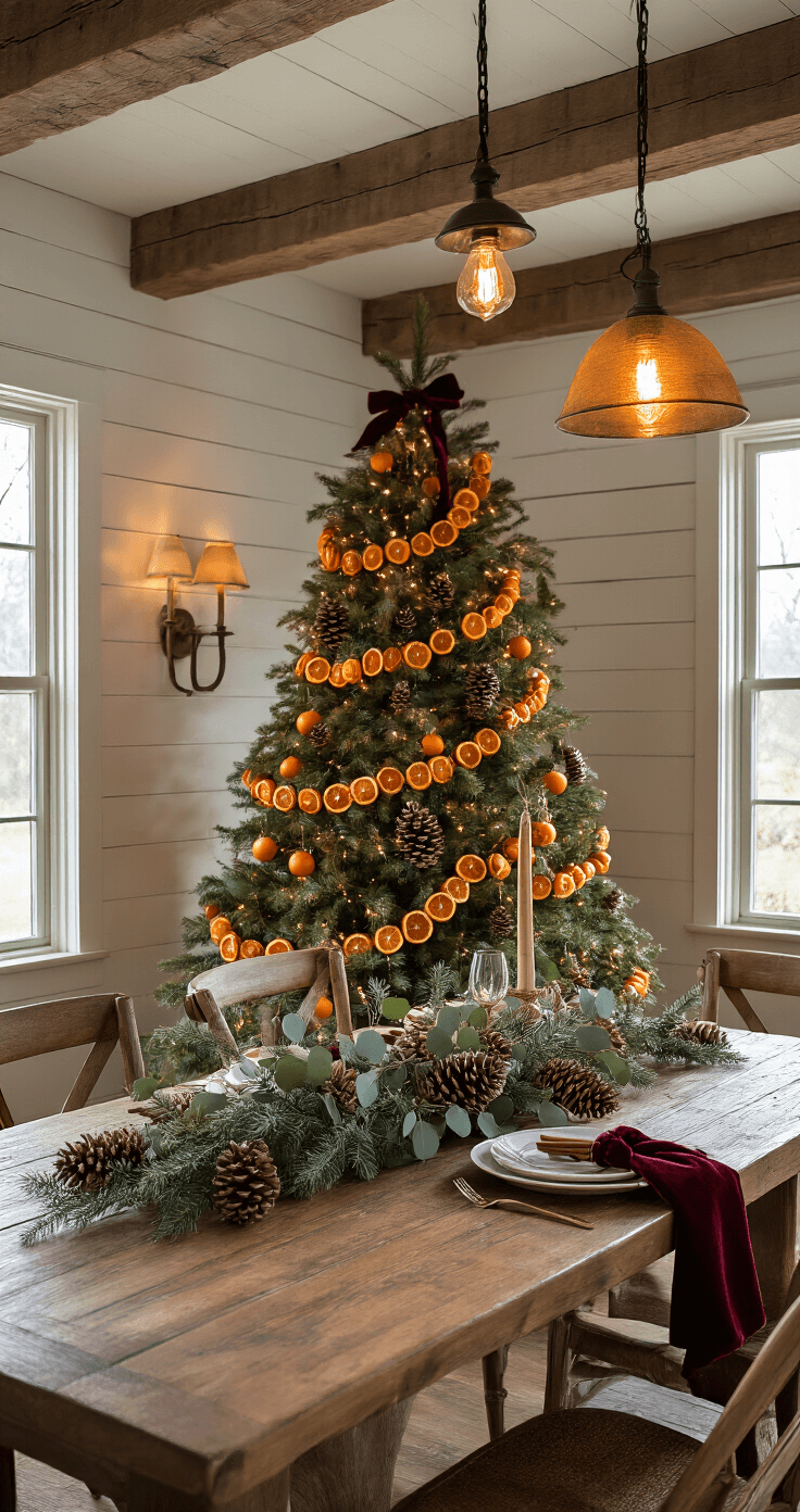Cozy farmhouse dining room with a Christmas tree decorated with dried orange garland, metallic pinecones, and cinnamon bundles, illuminated by warm pendant lighting over a rustic wood dining table set for a holiday dinner, featuring preserved eucalyptus and rich earth tones in a rustic luxury aesthetic.