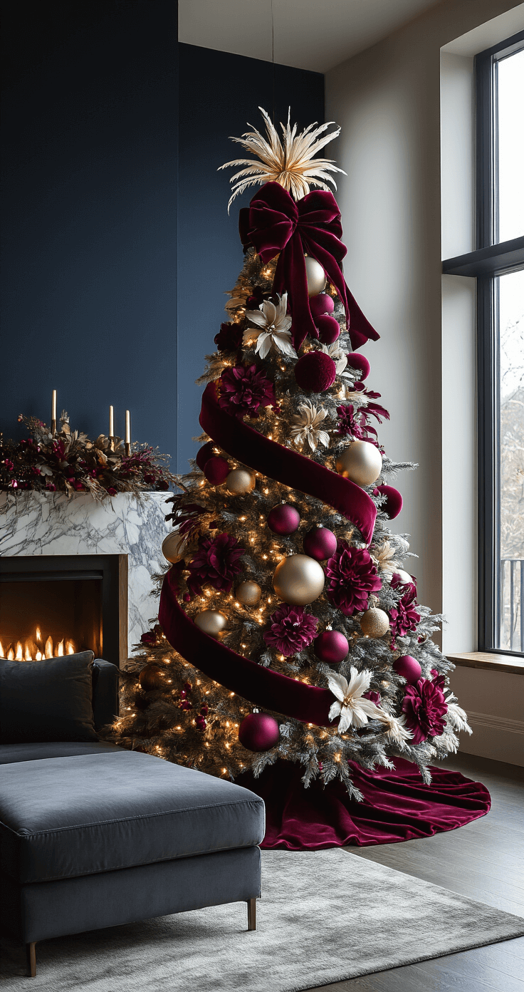 A luxurious contemporary living room featuring a statement Christmas tree adorned with oversized velvet-flocked ornaments in jewel tones, wide burgundy velvet ribbon, and cascading velvet bows. The space includes layered textures of feathers and fabric flowers, evening lighting highlighting the tree details, a modern marble fireplace, a deep navy accent wall, and brass fixtures, all complemented by a low charcoal gray sectional.