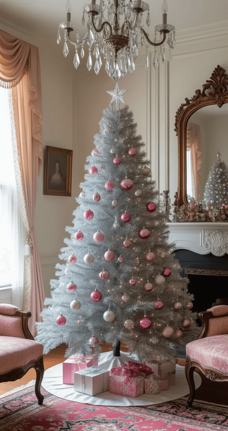 Elegant parlor decorated for Christmas, featuring a vintage revival tree with silver tinsel, candy-colored glass ornaments, and a ceramic topper, set against Victorian furniture, a Persian rug, and a crystal chandelier, all illuminated by soft afternoon light streaming through lace curtains.