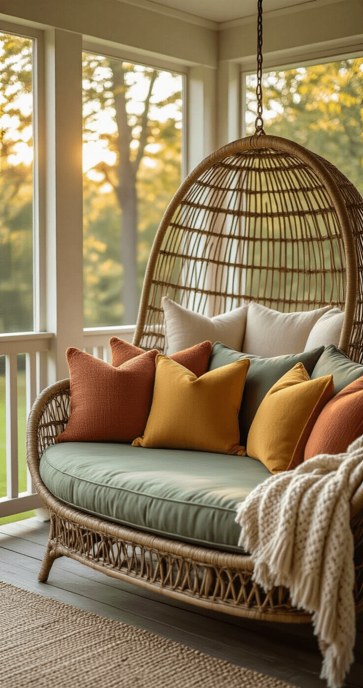 Intimate close-up of a cozy screened porch seating arrangement featuring a rattan hanging chair and a sage green sectional, adorned with textured throw pillows and soft blankets, bathed in warm natural light.