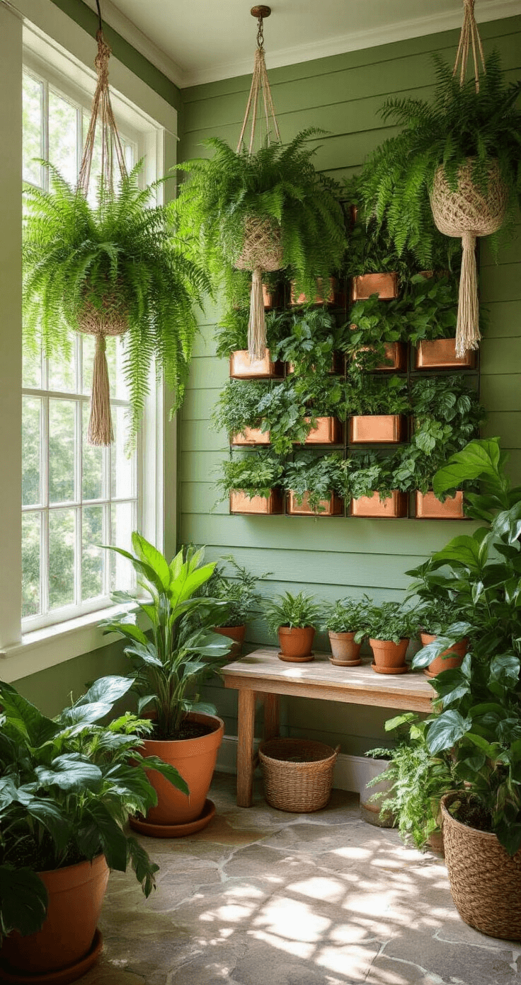 Lush botanical corner of a screened porch featuring cascading Boston ferns, terracotta pots with fiddle leaf figs and monstera plants, a vertical garden wall of succulents and air plants in copper planters, and a small potting bench, with morning sunlight casting dappled patterns on sage green walls.