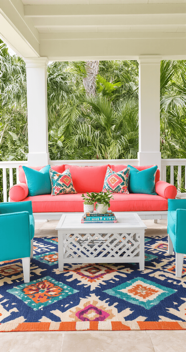 Vibrant screened porch with a coral pink sofa, turquoise accent chairs, and a white lacquered coffee table, surrounded by geometric navy and orange rugs. Colorful throw pillows feature tropical palm and Moroccan patterns in emerald, fuchsia, and gold, set against beige tile flooring and white ceiling beams, all illuminated by bright midday light.