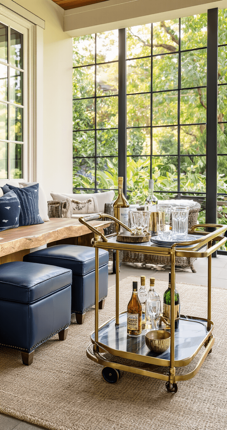 A sophisticated outdoor entertaining setup featuring a brass and marble bar cart with glassware, elegant furniture, navy leather ottomans, a live-edge wood console table, and a weatherproof Bluetooth speaker, all bathed in warm afternoon light amidst lush landscaping.
