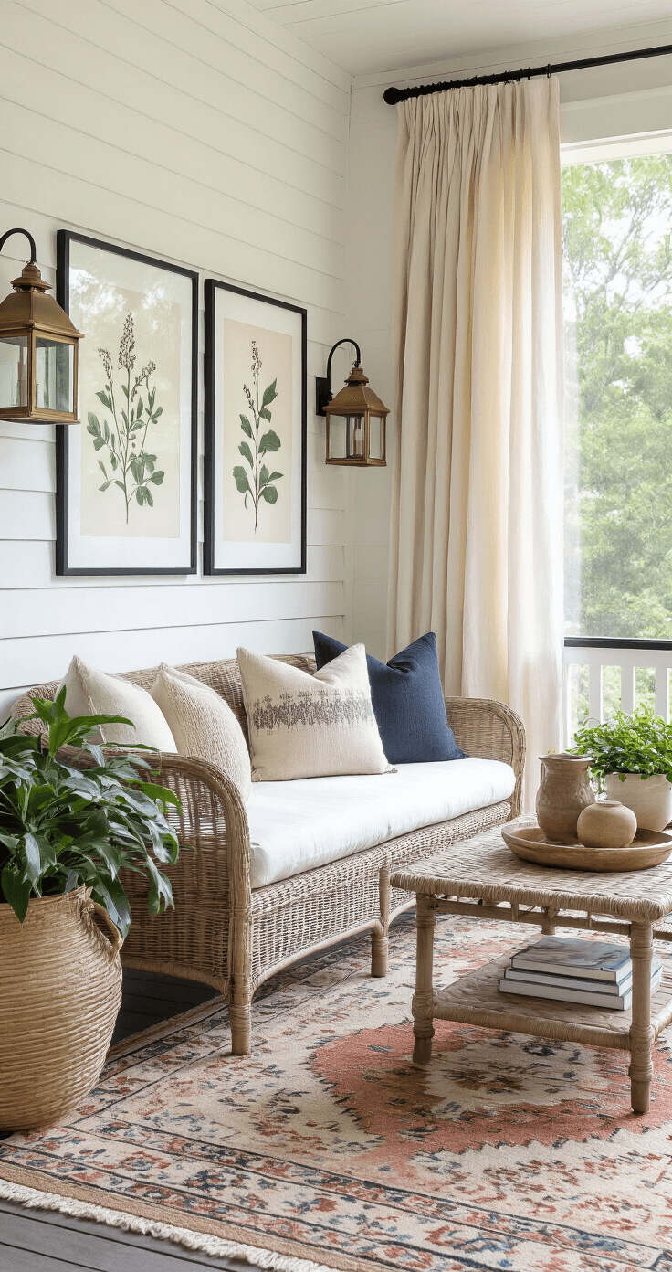 Artistic vignette of a screened porch corner featuring black-framed botanical prints on white shiplap walls, flowing natural linen curtains, vintage brass lanterns, modern ceramic planters on floating shelves, and a layered vintage kilim rug under contemporary outdoor furniture, all illuminated by soft morning light.