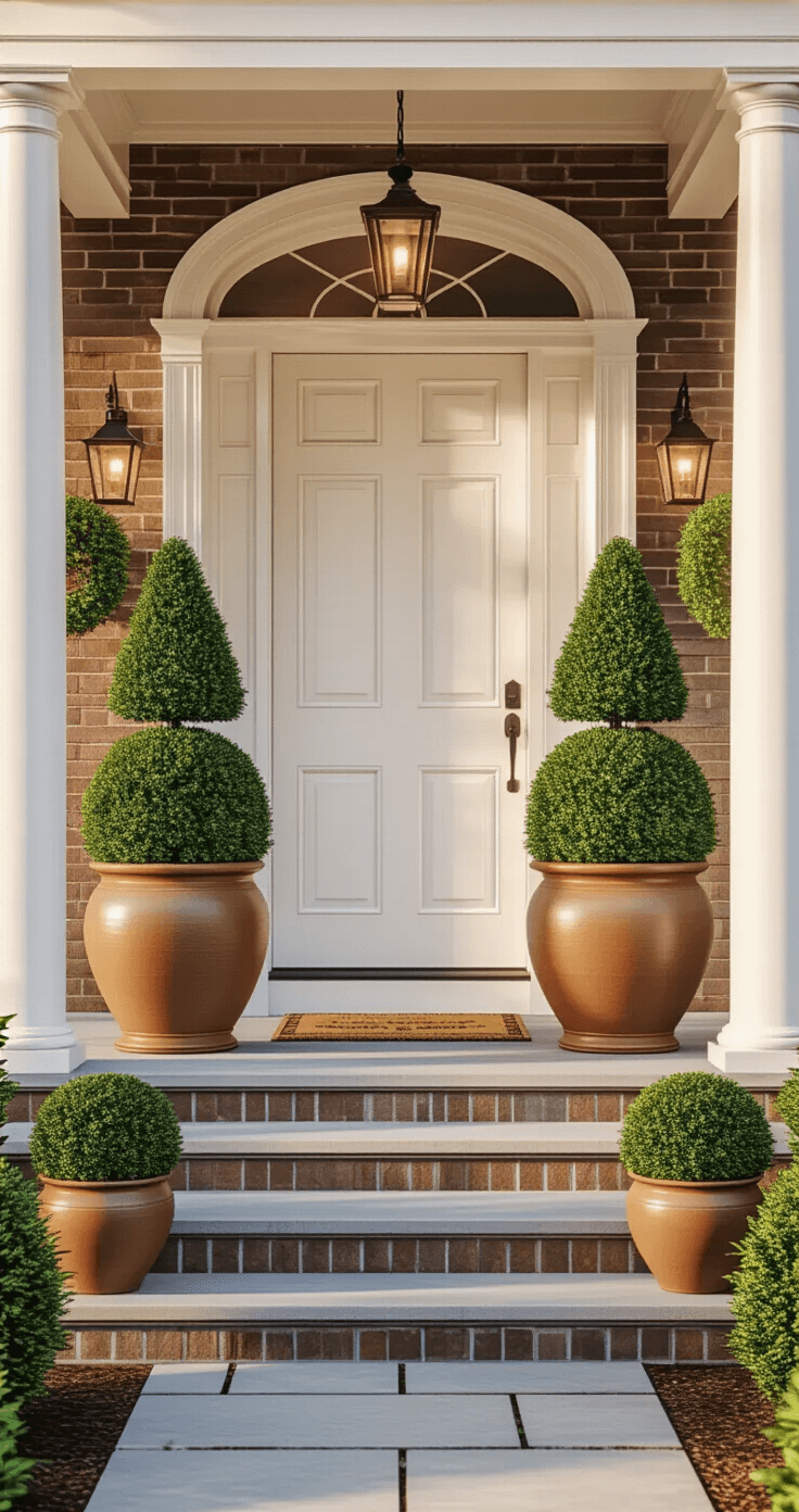 Stunning Porch Planter Ideas: Transform Your Home's Entrance Photorealistic front porch scene with symmetrical large weathered terracotta planters and manicured boxwood topiaries flanking a classic white door, accented by stone steps, columns, and warm golden hour lighting.