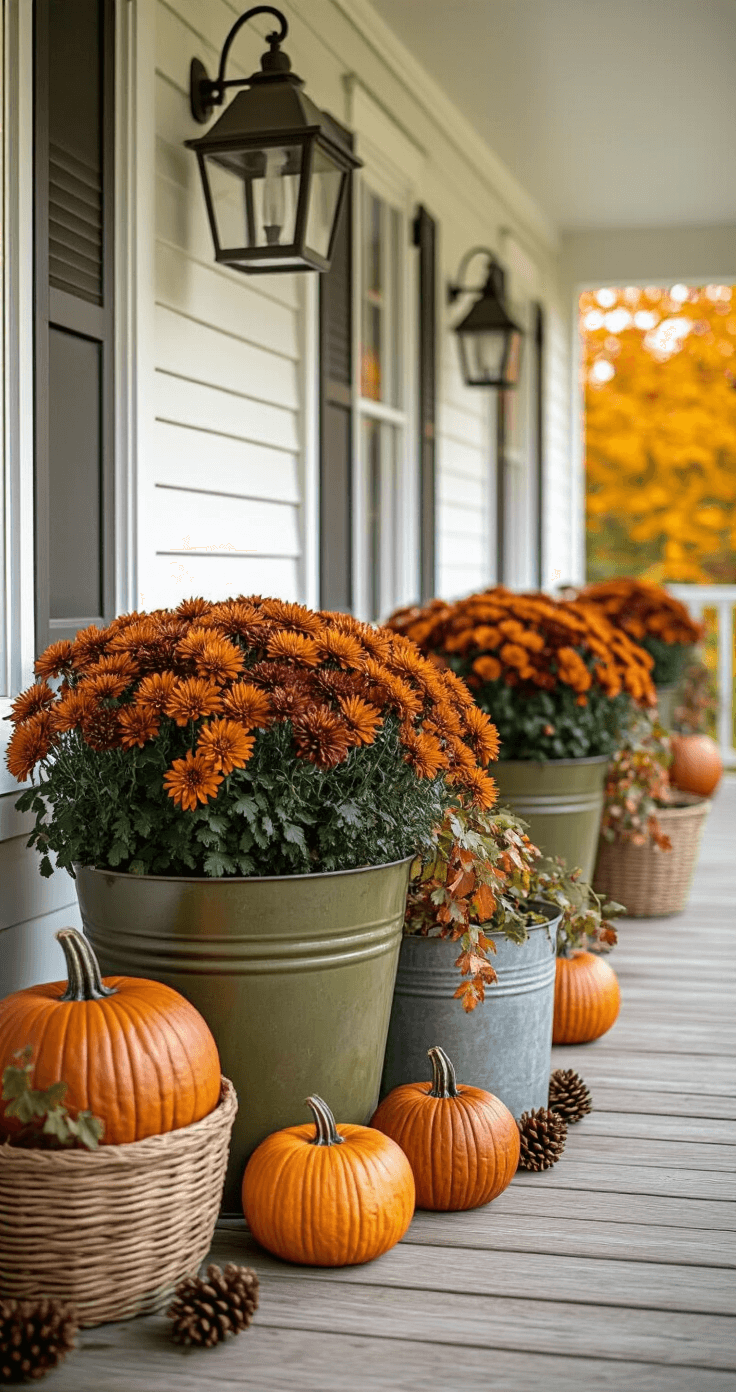 Stunning Porch Planter Ideas: Transform Your Home's Entrance Dynamic autumn porch display featuring rustic olive bucket planters with bronze chrysanthemums and miniature pumpkins, set against a farmhouse-style backdrop with weathered wood and white shiplap. Rich colors of burnt orange, burgundy, and golden yellow scattered with pinecones and vintage containers, all beautifully lit in crisp afternoon light.