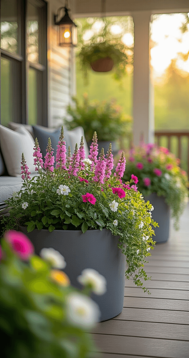 Stunning Porch Planter Ideas: Transform Your Home's Entrance Vibrant spring-summer porch with mixed planter arrangements featuring angelonia, calibrachoa, and trailing jenny in contemporary charcoal gray planters, captured in warm golden morning light, showcasing a colorful palette of fuchsia, lime green, white, and deep purple blooms.