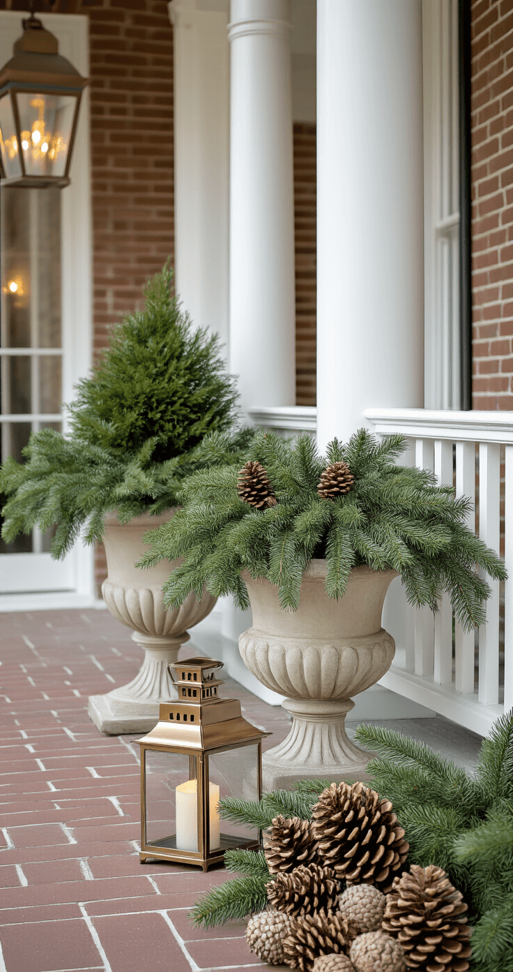 Stunning Porch Planter Ideas: Transform Your Home's Entrance Elegant winter porch with evergreen arrangements in urn planters, warm glowing lanterns, and pinecone displays against a traditional brick backdrop, showcasing a muted color palette and sophisticated styling.