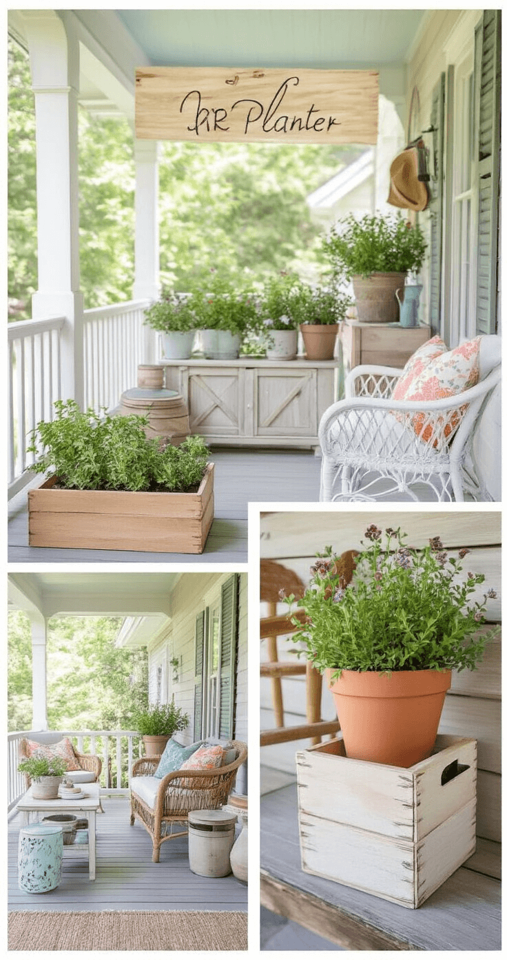 Stunning Porch Planter Ideas: Transform Your Home's Entrance Bright, casual cottage-style porch featuring a variety of DIY planters, including handcrafted wooden boxes and painted pots, captured in soft midday light. The image showcases a cheerful color scheme with painted whites, soft pastels, and natural wood tones, while vintage furniture and eclectic decor elements add personality. Textural contrasts highlight creativity and resourcefulness, making the space feel inviting and inspiring for DIY enthusiasts.