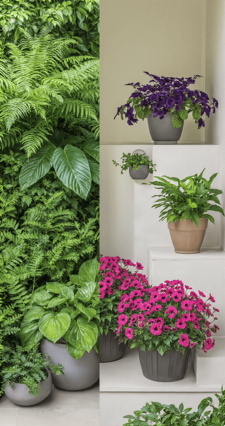 Stunning Porch Planter Ideas: Transform Your Home's Entrance A split composition showcasing shade-loving ferns and coleus alongside sun-preferring angelonia and bidens on a modern porch, highlighting rich green foliage, various container styles, and educational plant groupings by light requirements in optimal lighting conditions.
