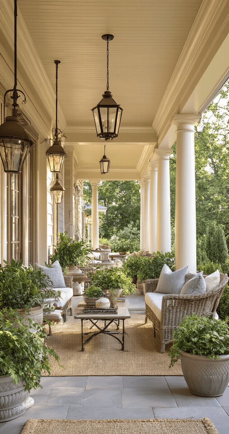 Stunning Porch Planter Ideas: Transform Your Home's Entrance A beautifully styled porch featuring varied planter heights and a cohesive color palette, captured during golden hour. The spacious area showcases architectural columns, comfortable seating, and layered lighting, with warm neutrals and natural greens. The arrangement includes decorative stakes and coordinated accessories, highlighting a rich material mix of ceramic, wood, and metal in a magazine-quality setup.