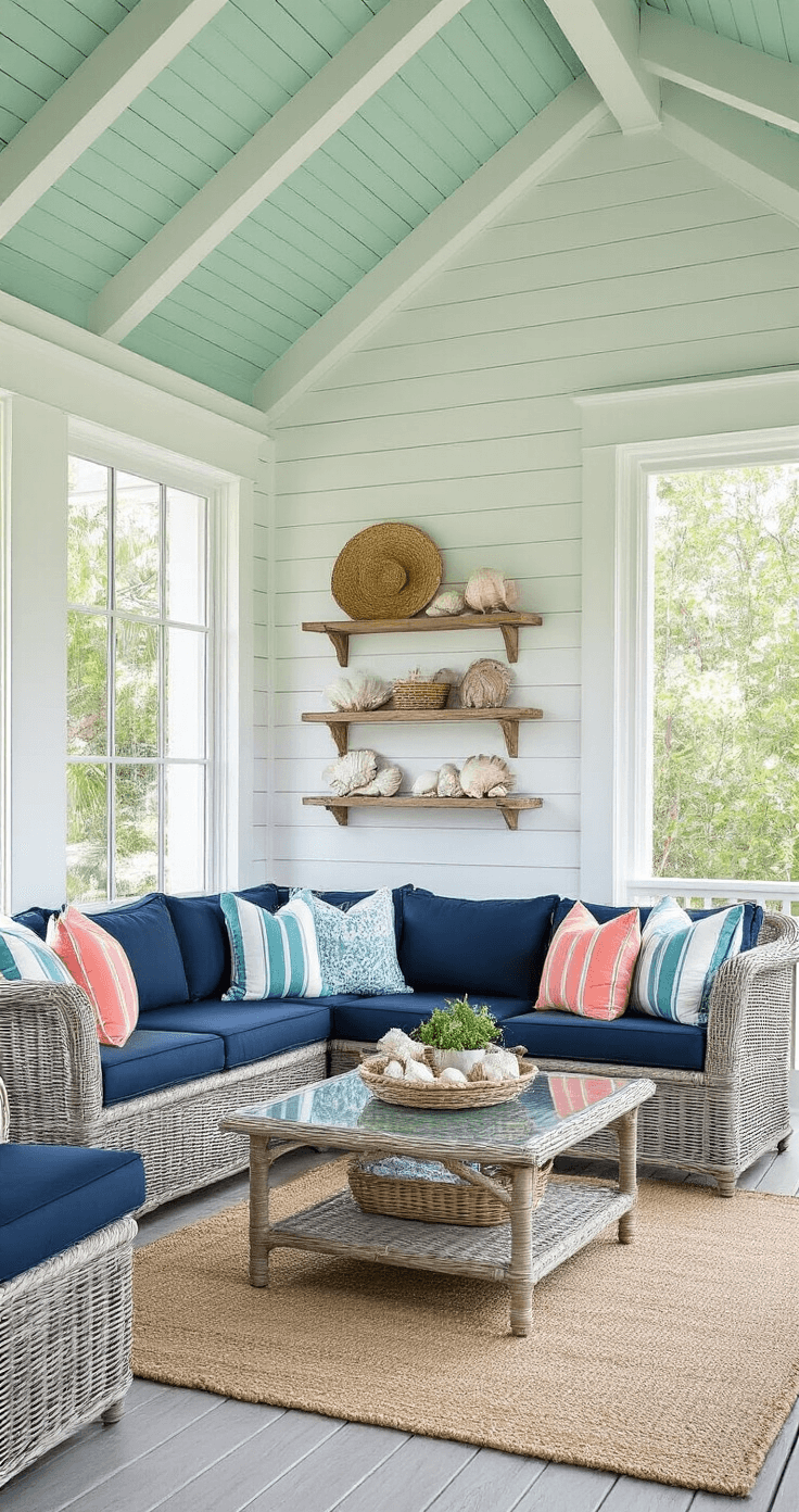 Transform Your Front Porch: The Ultimate Screening Guide for Comfort and Style Coastal-inspired screened porch interior featuring white-washed cedar framing, soft seafoam green vaulted ceiling, navy wicker sectional, glass-top coffee table, and crisp white shiplap accent wall with seashell decor, bathed in afternoon sunlight.